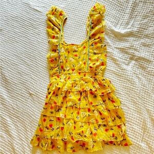 LOVE SHACK FANCY | Phyllis Ruffle Cotton Sunburst Floral Yellow Tiered | Size XS
